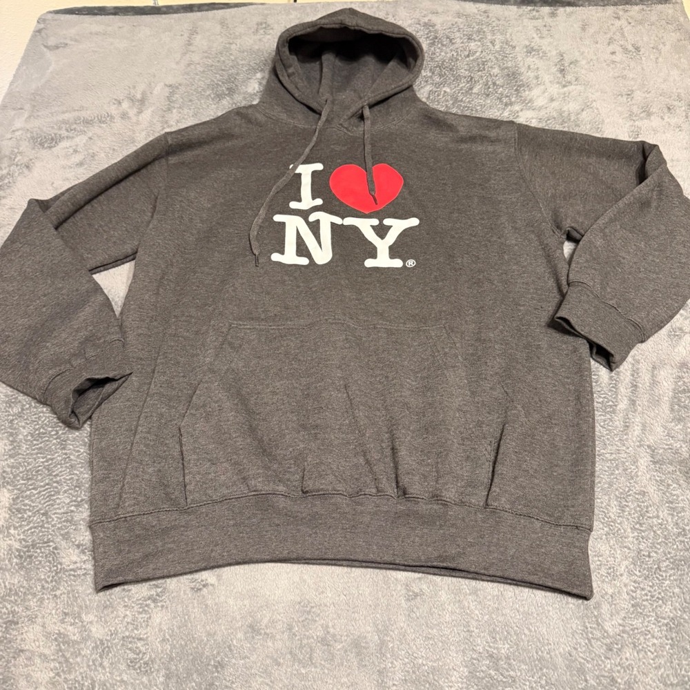 I Love NY Hoodie Gray Pullover Graphic Sweatshirt Mens 2XL‎ Official Licensed